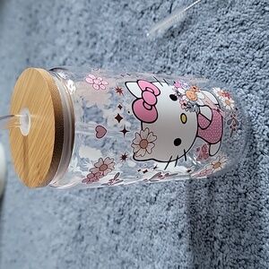 Hello Kitty Libby glass with wooden top and glass straw. 16 oz. New, unused.